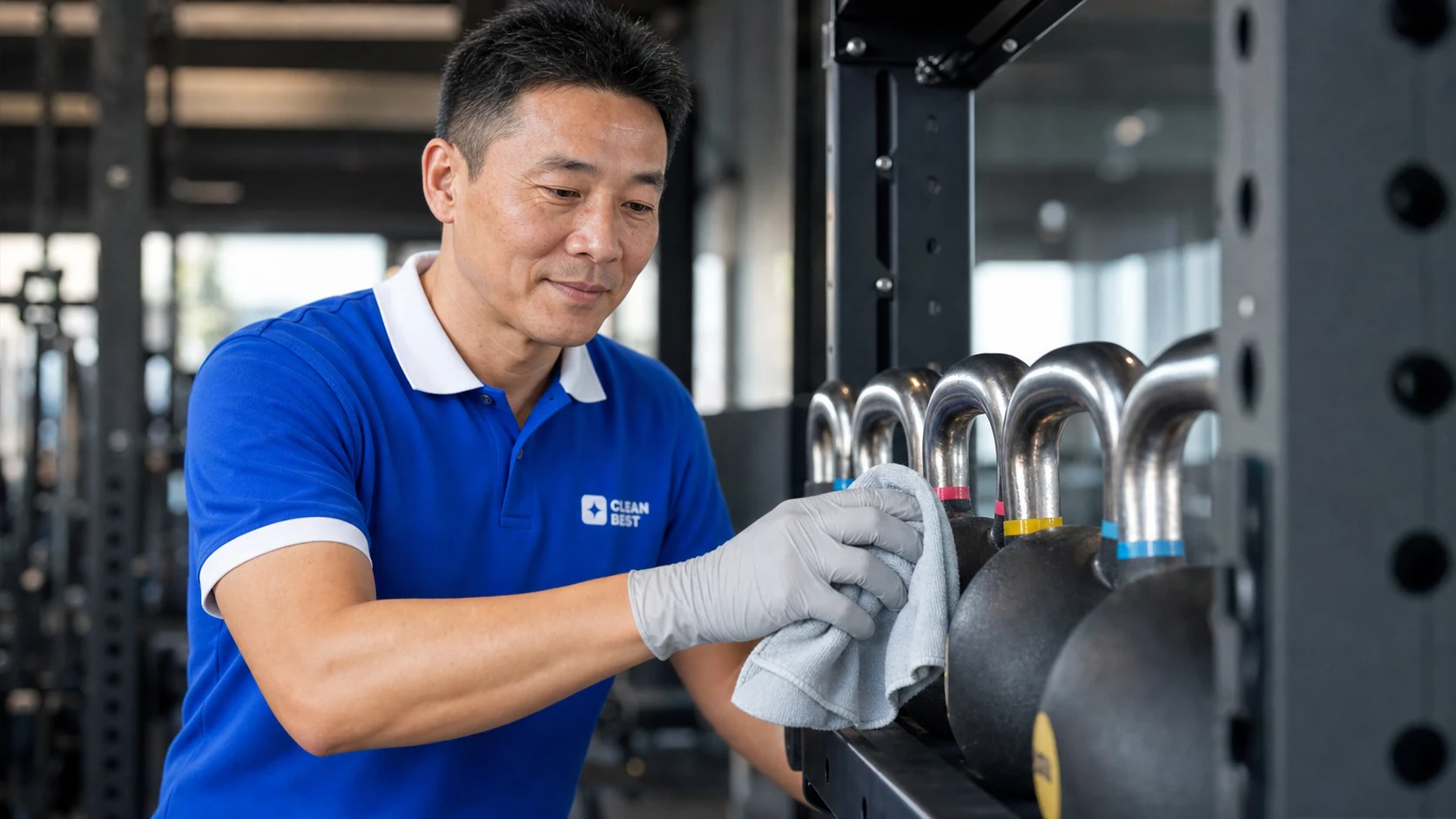 Clean Best cleaner wiping gym equipment before opening at a fitness centre in Penrith NSW