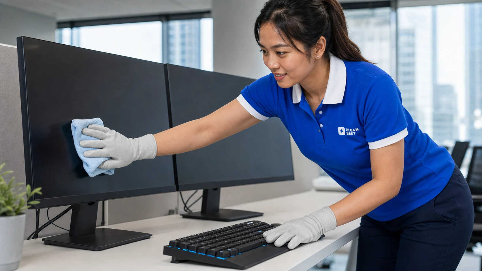 Clean Best cleaner wiping desks in an open-plan office in Penrith NSW